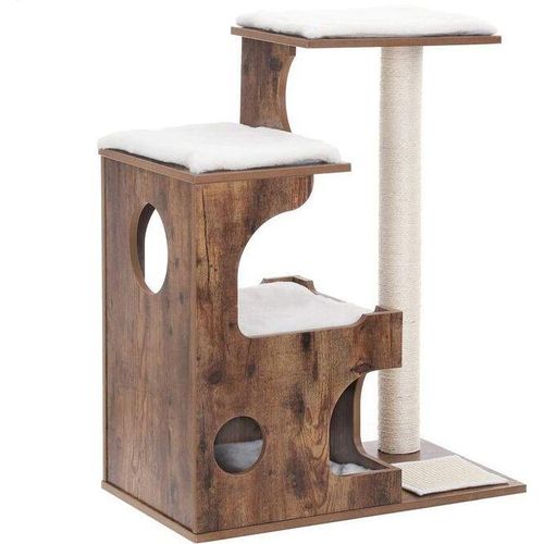 Rootz Kratzbaum - Kratzbaum mit 3 Liegeflächen - Katzenkletterbaum - Katzenmöbel-Baum - Hoher Katzenkratzbaum - Katzenkratzbaum - Fellimitat - MDF - Vintage braun-weiß - 66 x 42 x 88 cm (L x B x H)