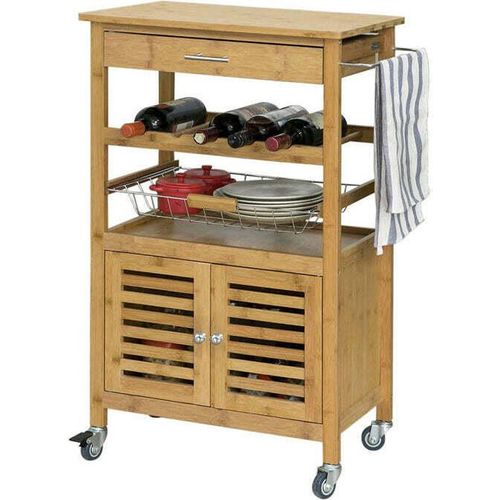 Rootz Bamboo Küchenwagen mit Rädern - Teewagen - Servierwagen - Flaschenhalter, Handtuchhalter, abnehmbarer Korb - 60cm x 92cm x 36cm