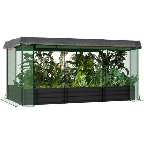 Rootz Hochbeet - Mit Vogelschutznetz - Sonnenschutz - Metallgehäuse - Verzinkter Stahl - Dunkelgrau + Schwarz + Grün - 230x110x110 cm