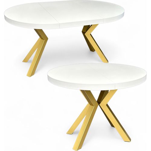 Runder Esstisch Weiß (Ø110/210 cm) Ausziehbar mit Goldenen X-Metallbeinen