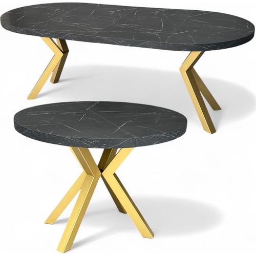 Marmor Esstisch Rund Ausziehbar Ø100/200 cm Schwarz mit Goldenen X-Metallbeinen