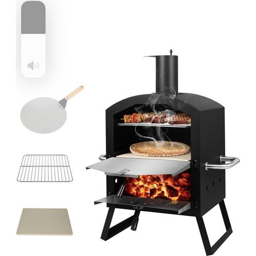 DMS® Germany Pizzaofen – mobiler Outdoor Holzofen Räucherofen - Pizzastein & Grillrost – Garten, Terrasse & Balkon – knusprige Steinofenpizza & Brot