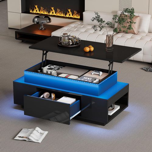 Couchtisch Höhenverstellbarer Kaffeetisch mit Verstecktem Stauraum und Schublade, 96*45*40cm Hochglanz Wohnzimmertisch, LED Sofatisch, Geeignet für Büro, Studium, Party, Schwarz