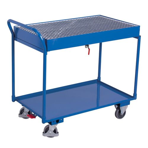 Variofit Tischwagen mit Gitterrost und 2 Ladeflächen 995x595mm mit hohem Schiebebügel