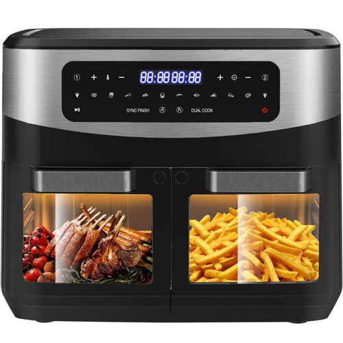 Heißluftfritteuse Doppelkammer Airfryer 12L-Heissluftfriteuse XXL Friteuse mit Sichtfenster, 2 Fächer, 10 Programmen, Sync Finish & Dual Cook, 2600W