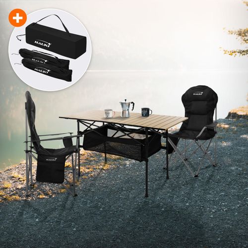 Hauki Campingmöbel Set 3tlg., Klapptisch Beige mit 2 Campingstühlen Schwarz inkl. Tragetasche