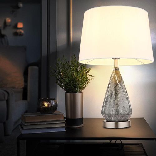 LED Tischleuchte, Marmoroptik, weiß, Textil, H 54 cm