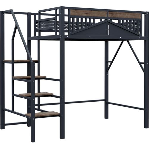 Metall-Hochbett(140 x 200cm,Schwarz)Einzigartige Gehäuseform mit Fensterdesign, Mit Sicherheitsleiter, Viel Stauraum Unter Dem Bett