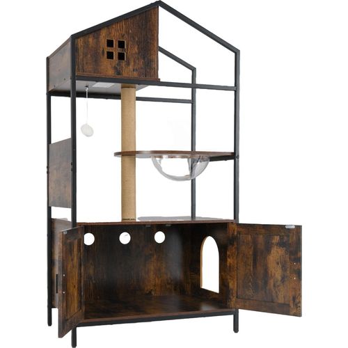 GOPLUS Katzenhaus, Katzenklo Schrank mit Kratzmatte, Raumkapsel & Jutepfosten, Kratzbaum für Katzen, 80 x 48 x 150 cm, Braun