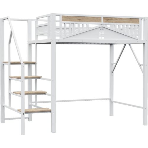 Metall-Hochbett(140 x 200cm,Weiß)Einzigartige Gehäuseform mit Fensterdesign, Mit Sicherheitsleiter, Viel Stauraum Unter Dem Bett