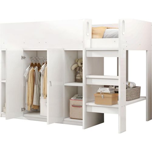 Multifunktionales Hochbett 90*200 mit Stauraum , Schrank und Regalen – Kinderbett mit Leiter und stabiler Konstruktion Weiß