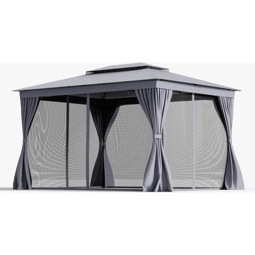 GOPLUS 3 × 4 m Pavillon, Stabiler Gartenpavillon mit 8 Heringen, wasserabweisender Pavillon mit Doppeldach & Metallrahmen, Grau