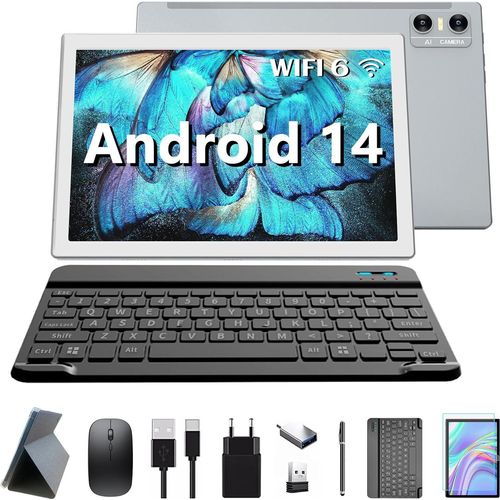 KADYBE 2024 Neueste WLAN 6 Android 14 Tablet 10 Zoll,64GB ROM (512GB TF),Octa-Core,|GMS-| 5+13 MP | 1.8GHz 7000 mAh PC mit Tastatur