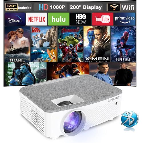 Projektor, WiFi Projector 120 -Zoll -Bildschirm, 7500 Lumen Wlan Bluetooth Support 1080p Video, HiFi -Lautsprecher, kompatibler Fire Stick, Smartphone