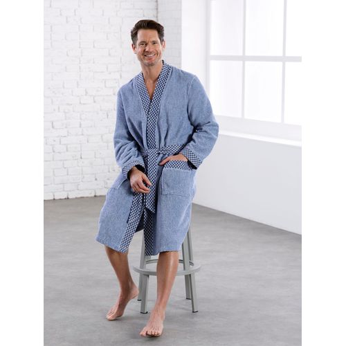 Bademantel FEEL GOOD Gr. 52, blau (jeansblau, ecru, meliert), 52/54, Baumwolle, Hausmäntel, Bademantel