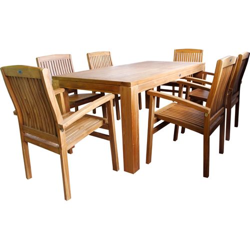 Gartenmöbel 7-tlg. Esstisch Teakholz 180x90x75cm + 6 Stapelstühle Teak