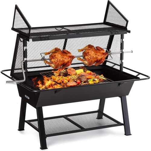 Blumfeldt 2-in-1 Rotisserie Grill, Manueller Grill mit Drehspieß, Großer Spießgrill für Hähnchen & Spanferkel, Grill mit Funkenschutz, Spieß Grill mit Edelstahl-Rost & Regenabdeckung, Holzkohlegrill