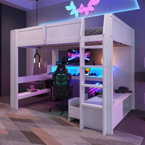 Hochbett,140*200cm , Gaming Bett mit Schreibtisch, Mit LED-Leuchten, Schreibtisch,Schublade, Regale, ohne Matratze, Weiß