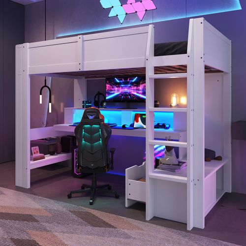 Hochbett,90*200cm ,Gaming Bett mit Schreibtisch, Mit LED-Leuchten, Schreibtisch,Schublade, Regale, ohne Matratze, Weiß