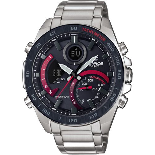 Smartwatch CASIO EDIFICE, silber (silberfarben, rot), Smartwatches, Smartwatch, Solaruhr, Armbanduhr, Herrenuhr, Android, iOS, Edelstahlarmband