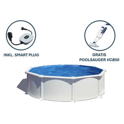 GRE Runder und weißer Stahlwandpool Ø 460 x 132 cm, Serie Atlantis + Smart Plug + GRATIS Elektrischer Poolreiniger ELECTRIC VAC PLUS