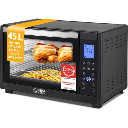 TZS First Austria - Minibackofen 45L 2000W Digitalanzeige - Mini Backofen Pizzaofen Temperaturregelung bis 230°C & 8 Modi - Miniofen 180 Min. Timer, 4 Einschubhöhen, Backblech, Grillrost & Drehspieß