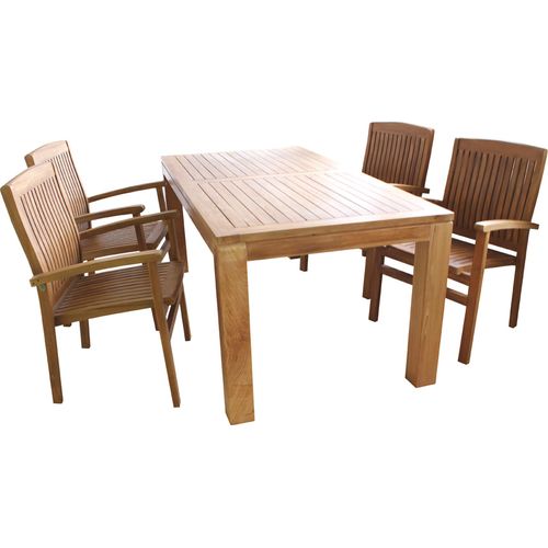 Gartenmöbel 5-tlg. Esstisch Teakholz 180x90x75cm + 4 Stapelstühle Teak