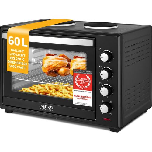 TZS First Austria - Minibackofen mit Kochplatten 60L 3200 W - Mini Backofen Pizzaofen mit Herdplatten bis 230°C & 6 Heizmodi - Miniofen Kombigerät mit 4 Einschubhöhen & hochwertigem Zubehör
