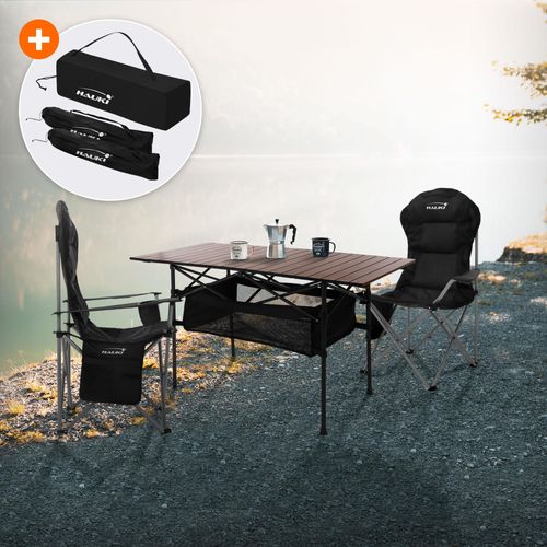 Hauki Campingmöbel Set 3tlg., Klapptisch Braun mit 2 Campingstühlen Schwarz inkl. Tragetasche