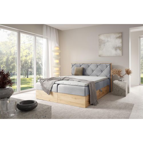 Boxspringbett Schlafzimmerbett HELIOS 140x220cm in Stoff Rouge Hellgrau
