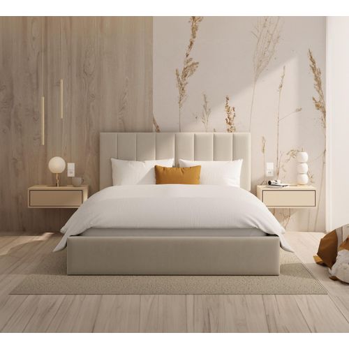 Bett KAJA 160x200 cm Polsterbett mit Lattenrost aus Metall Bettkasten Samt Paris cream