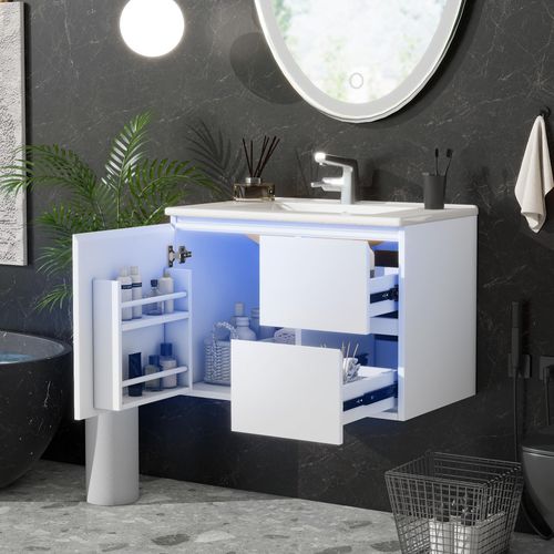 76x46x50cm wandhängend Badezimmerschränk, Volllackierung, LED-Radarsensor-Beleuchtung, Waschtisch, zwei Schubladen, leise Gleitschienen, linke und rechte Ablage, integriertes Waschbecken, weiß