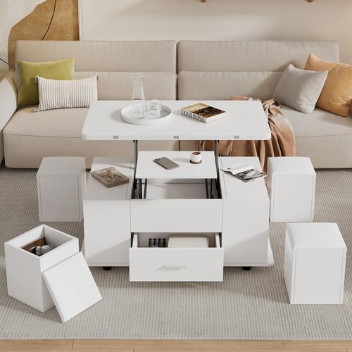 Couchtisch Höhenverstellbar,Beweglicher Sofatisch, 4-in-1-Multifunktions-Couchtisch Umwandelbar in Wohnzimmer-Esstisch,Couchtisch mit Schubladen, mit 4 Hockern,Weiß