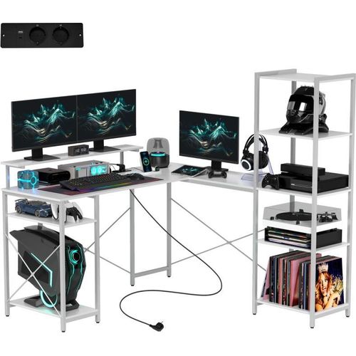 Schreibtisch Gaming Tisch L Form mit Regal, Computertisch mit Monitorständer, Steckdose, USB-Ladeanschluss Eckschreibtisch für Heimbüro, Schlafzimmer, weiss, 137 cm, 140 cm, 139 cm, Holz
