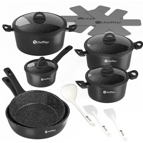 Topfset 15tlg Pfannenset,Antihaftbeschichtung Induktions Töpfe Set Non-Toxic Alu Kochtopf Set PFOA frei für Induktion alle Herde Schwarz