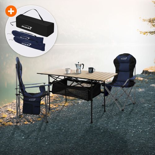 Hauki Campingmöbel Set 3tlg., Klapptisch Beige mit 2 Campingstühlen Blau inkl. Tragetasche