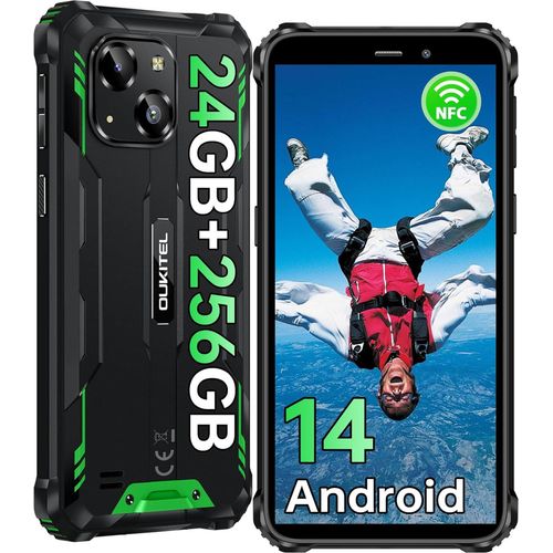 OUKITEL WP32 PRO Android 14 Outdoor Smartphone, 24GB+256GB Handy Ohne Vertrag, 6300mAh, 6.0” HD, IP68 Wasserdicht Handy, Dual 4G SIM/NFC/OTG - Grün