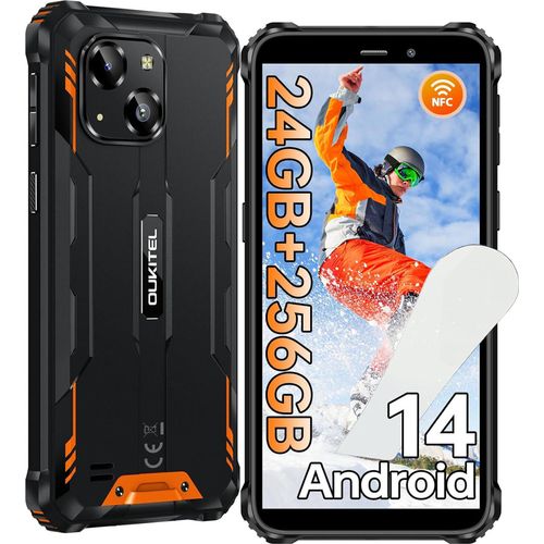 OUKITEL WP32 PRO Android 14 Outdoor Smartphone, 24GB+256GB Handy Ohne Vertrag, 6300mAh, 6.0” HD, IP68 Wasserdicht Handy, Dual 4G SIM/NFC/OTG - Orange