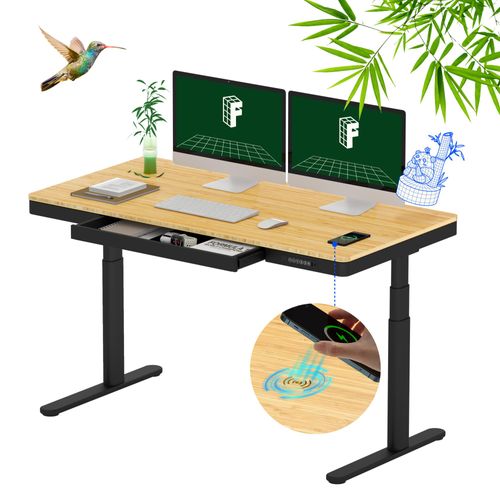 FLEXISPOT Q8 Höhenverstellbarer Schreibtisch mit kabellosem Laden, Schublade & Kabelmanagement, elektrisch mit Dual-Motor 140x70cm, Schwarz, Bambus
