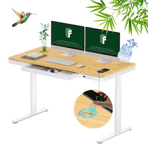 FLEXISPOT Q8 Höhenverstellbarer Schreibtisch mit kabellosem Laden, Schublade & Kabelmanagement, elektrisch mit Dual-Motor 140x70cm, Weiß, Bambus