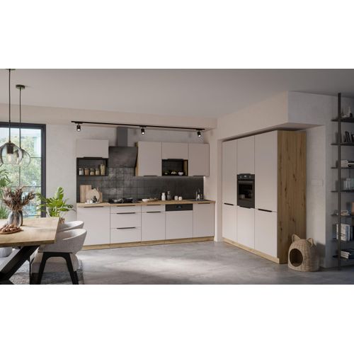 Küche SOLANO LOFT 280 + 180 cm Küchenzeile Küchenblock Einbauküche Kaschmir beige matt + Eiche Artisan matt