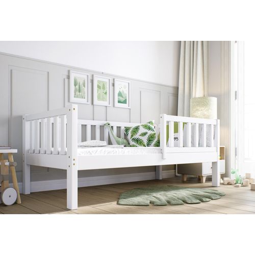 Kinderbett 160x80 Weiß Bodenbett ZAYA Kiefernholz, mit Rausfallschutz Lattenrost | Letino
