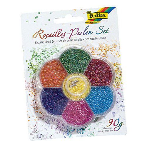 folia 12901 - Rocailles Perlenset, bunt sortiert, mit ca. 90 g Perlen, Nylonfaden und Verschlüsse - zum Gestalten von Schmuck, Perlentieren und Accessoires