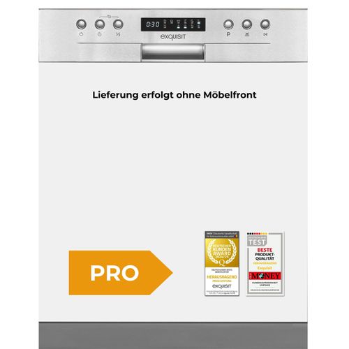 Exquisit PRO Einbaugeschirrspüler teilintegrierbar 60 cm, 14 Maßgedecke, Aquastop, Automatischer Türöffner, 6 Spülprogramme, EGSP9414-EB-030D inox