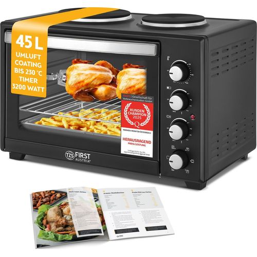 TZS First Austria - Minibackofen mit Kochplatten 45L 3200 W - Mini Backofen Pizzaofen mit Herdplatten bis 230°C & Antihaftbeschichtung - Miniofen Kombigerät mit 4 Einschubhöhen & hochwertigem Zubehör