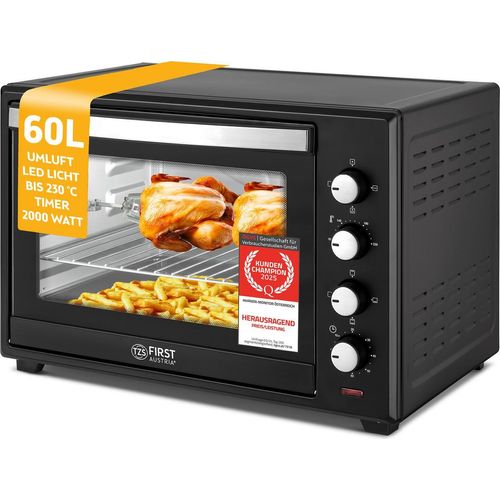 TZS First Austria - Minibackofen 60L 2000W - Mini Backofen Pizzaofen Temperaturregelung bis 230°C & 6 Modi - Geräumiger Miniofen mit 60 Min. Timer, 4 Einschubhöhen, Backblech, Grillrost & Drehspieß