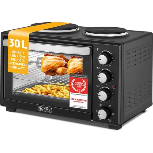 TZS First Austria - Minibackofen mit Kochplatten 30L 3200 W - Mini Backofen Pizzaofen mit Herdplatten bis 230°C & 6 Heizmodi - Miniofen Kombigerät mit 4 Einschubhöhen & hochwertigem Zubehör