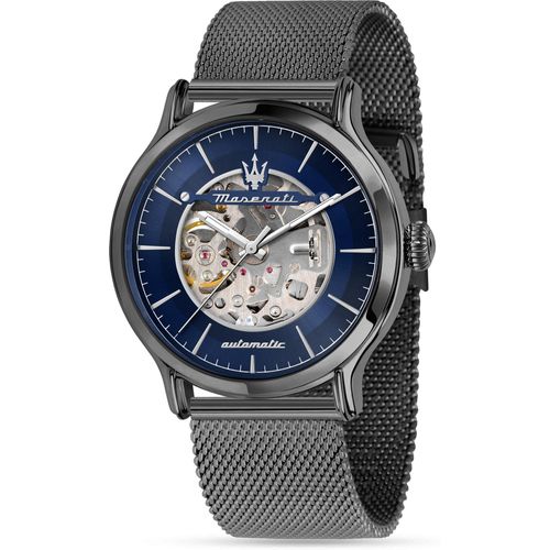 MASERATI Automatikuhr EPOCA 42MM AUTO BLUE DIAL MESH BR D.GUN Edelstahl anthrazit
