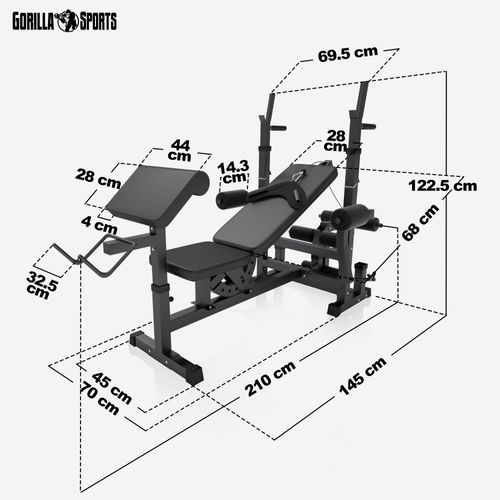 GORILLA SPORTS® Hantelbank mit Gewichten - 170 cm Hantelstange, 40/70/100 kg Hantelset, Beincurler, Butterfly, Dip-station, Curlpult - Trainingsbank