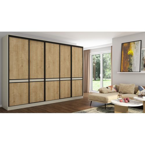 Schwebetürenschrank 5D/340 in Kaschmirbeige/Eiche Hamilton - Premium Beschläge